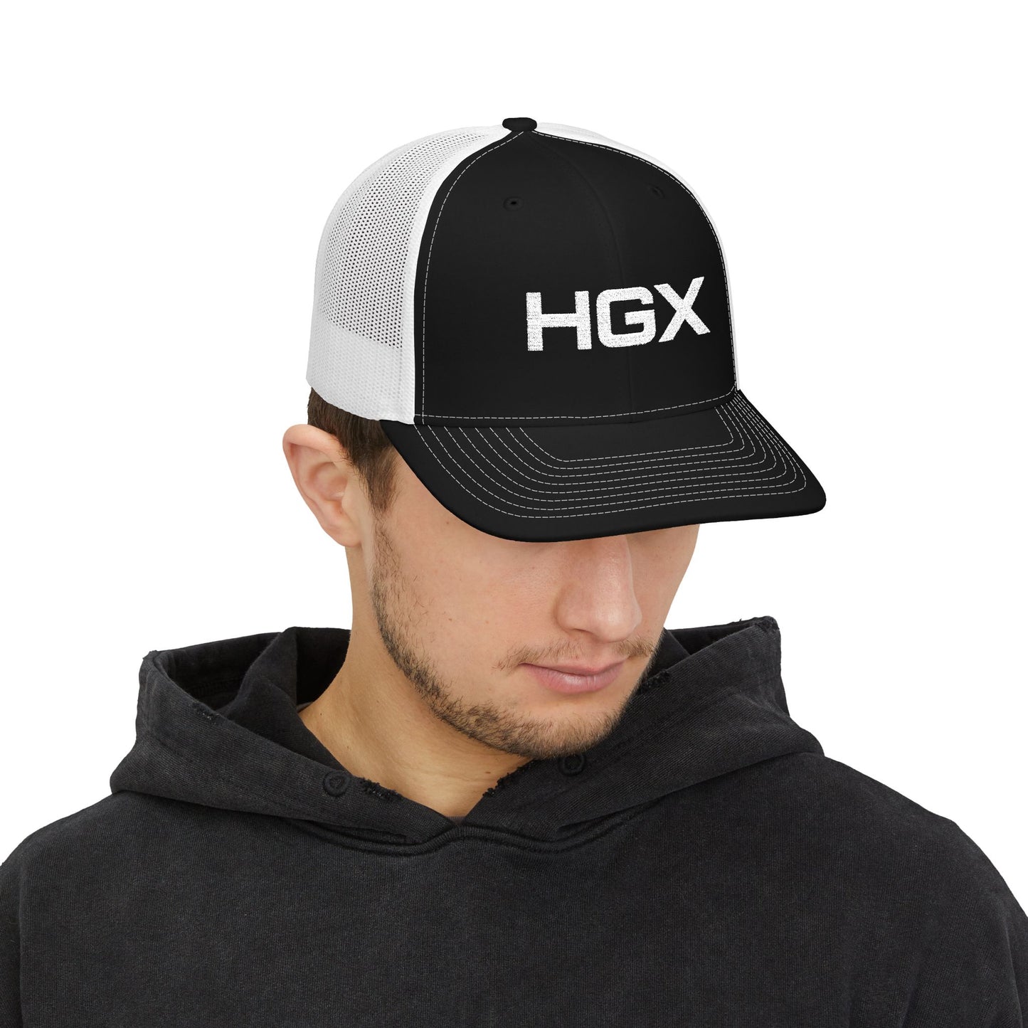 HGX Mesh Snapback Trucker Cap — Black/White Logo Hat