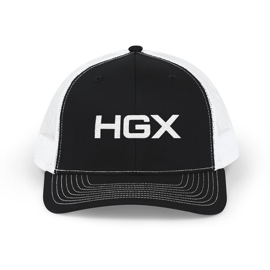 HGX Mesh Snapback Trucker Cap — Black/White Logo Hat
